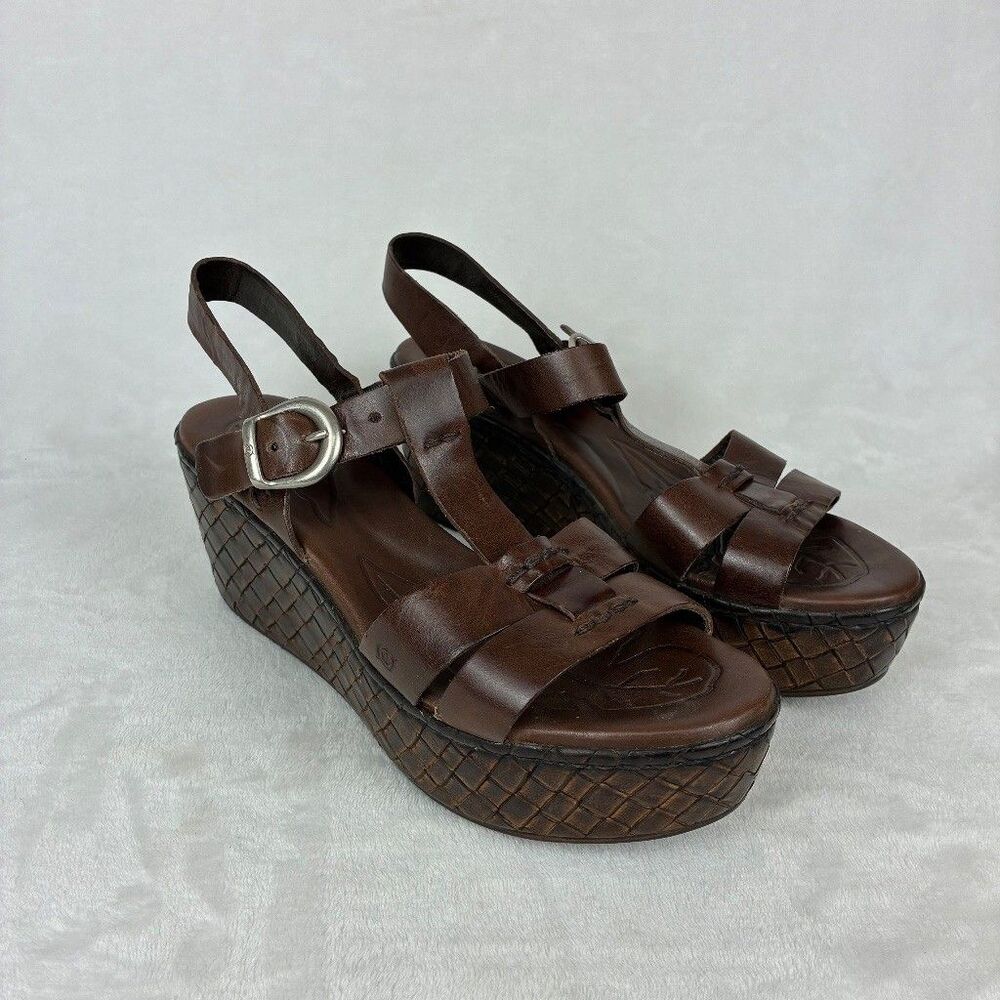 Born Brown Leather Platform Wedge Sandal 8.5 Slingback Boho Western Y2K Woven